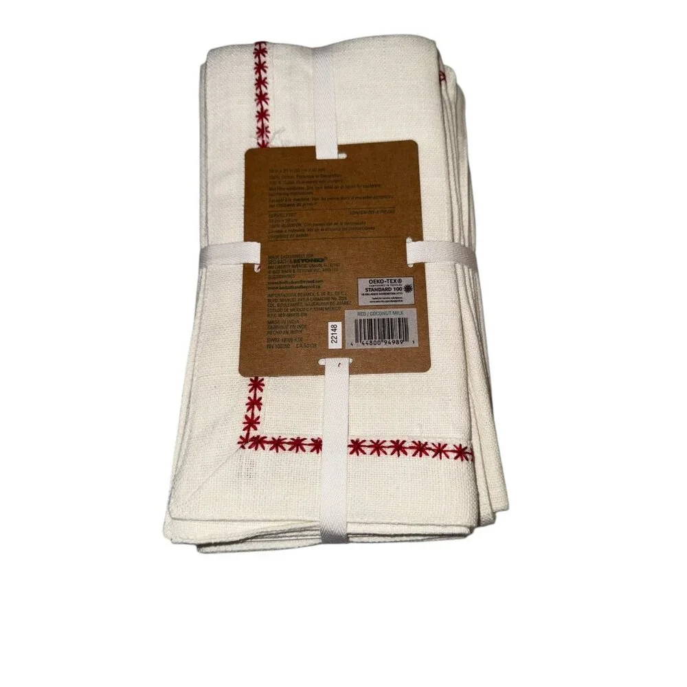 Willow & Bee Cream Muslin Napkins Red Snowflake Embroidery CottageCore Farmhouse